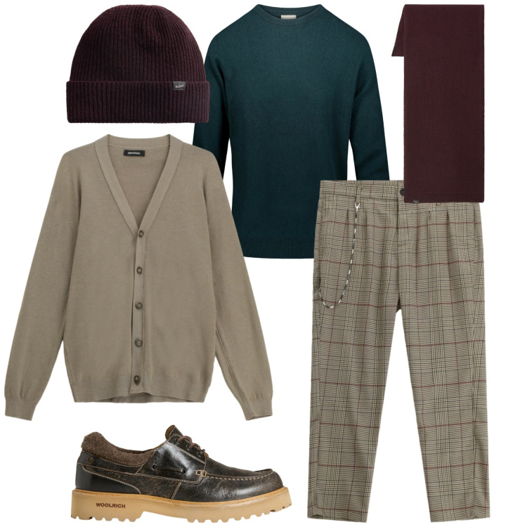 Outfit uomo - Total look #2291567. Stile Trendy per Tutti i giorni. Abbinamento con cardigans, pantaloni, scarpe stringate, sciarpe, berretti, maglieria.