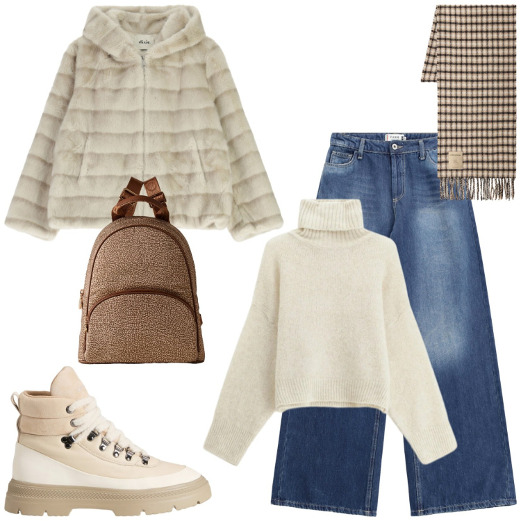 Outfit donna - Total look #2291570. Stile Casual chic per Tutti i giorni. Abbinamento con jeans, maglieria, zaini, blazer, anfibi, sciarpe.