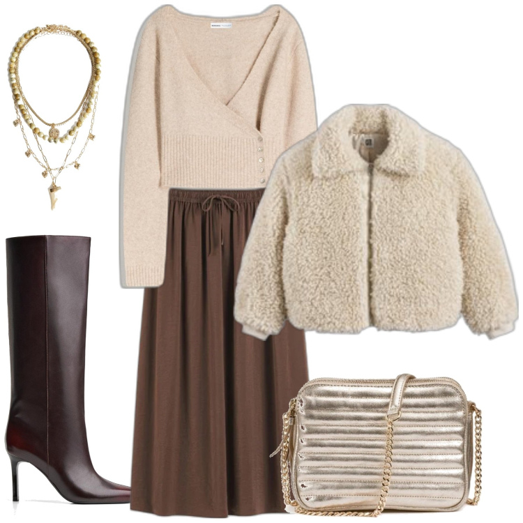 Outfit mujer - Bon Ton #6582. Estilo Bon Ton para Oficina. Combinación con cárdigans, faldas, botas, bolsos de hombro, abrigos, colgantes.