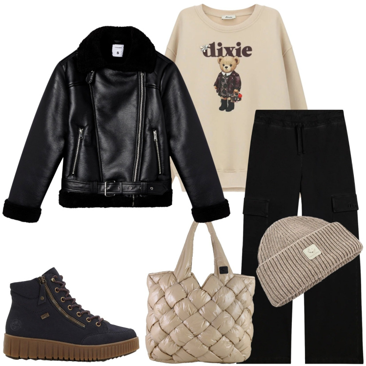 Outfit donna - Comoda. Stile Sporty chic per Tutti i giorni. Abbinamento con sneakers alte, giacche, felpe, pantaloni cargo, cappelli, borse tote.