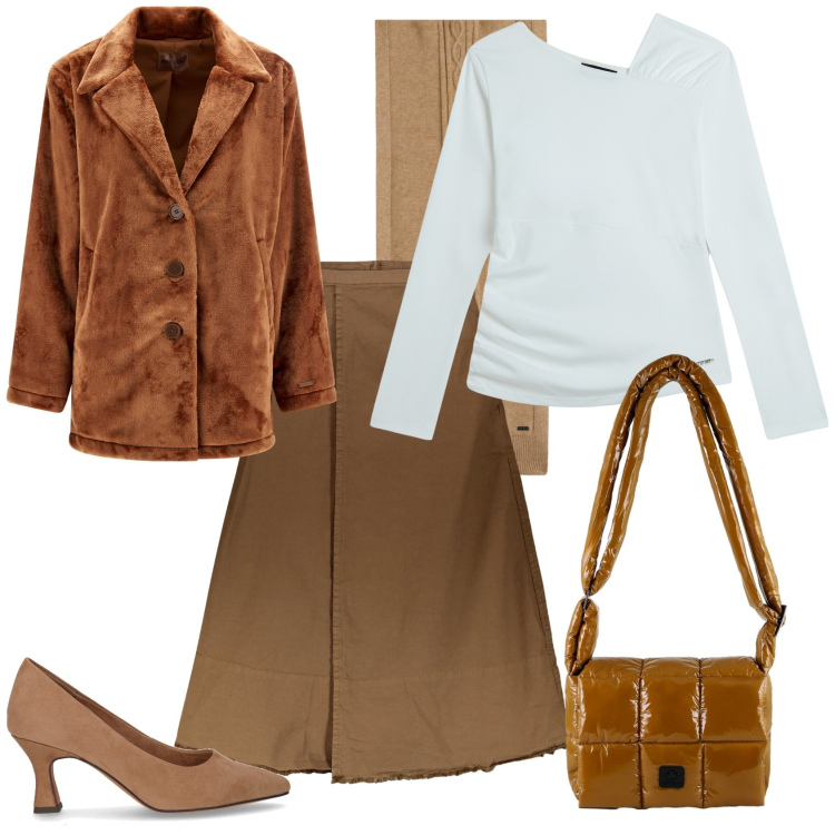 Outfit donna - Total look #2291575. Stile Casual chic per Ufficio. Abbinamento con maglieria, cappotti, sciarpe, borse a spalla, gonne lunghe, décolleté.