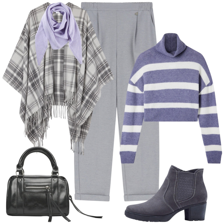 Outfit donna - Novembre purple. Stile Casual chic per Tutti i giorni. Abbinamento con stivaletti, foulard, cappotti, maglieria, borse a mano, pantaloni.