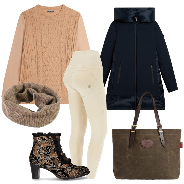 Outfit donna - Total look #2291579. Stile Casual chic per Ufficio. Abbinamento con eskimo, maglieria, pantaloni skinny, scaldacollo, borse tote, stivaletti.