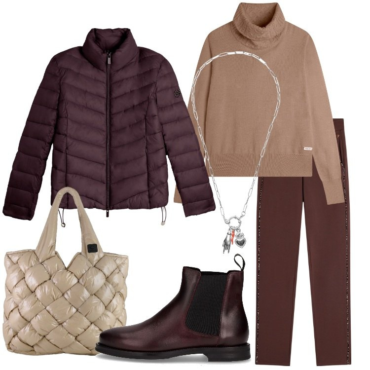 Outfit donna - Casual-chic a novembre. Stile Casual chic per Ufficio. Abbinamento con maglieria, pantaloni, ciondoli, piumini, borse tote, stivaletti chelsea.