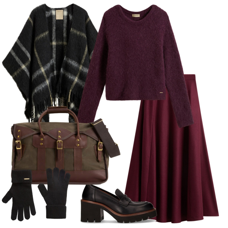 Outfit donna - Total look #2291582. Stile Casual chic per Ufficio. Abbinamento con gonne lunghe, borse a tracolla, maglieria, cappe, guanti, décolleté.