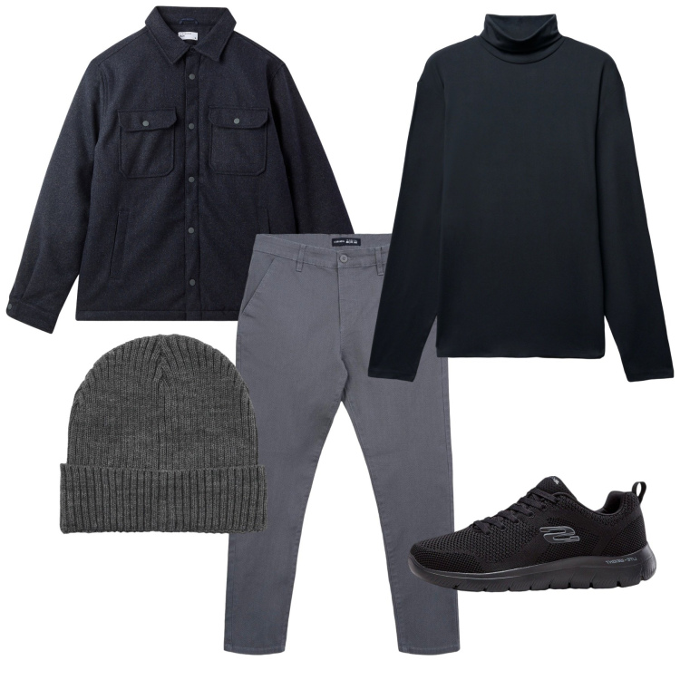 Outfit uomo - Grigio. Stile Casual per Tutti i giorni. Abbinamento con sneakers, pantaloni chino, berretti, cappotti, t-shirt.