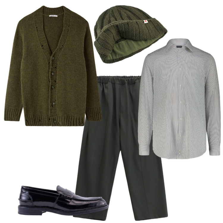 Outfit uomo - Informale. Stile Casual per Tutti i giorni. Abbinamento con cardigans, pantaloni, cappelli, scarpe stringate, camicie.