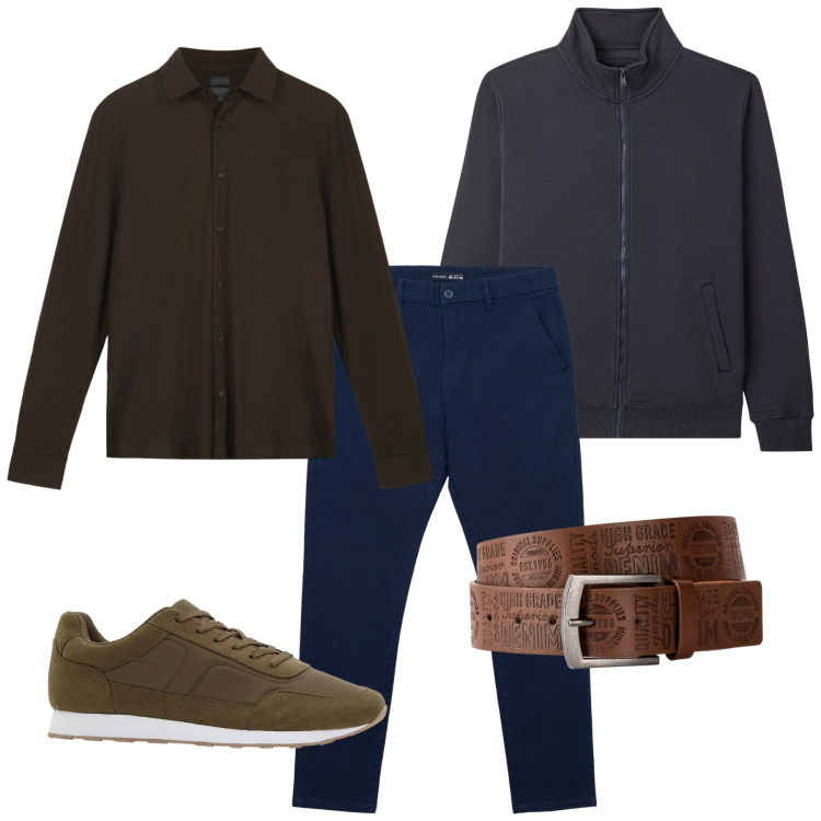 Outfit uomo - Oggi. Stile Casual per Tutti i giorni. Abbinamento con cinture, sneakers, giacche, pantaloni chino, polo.