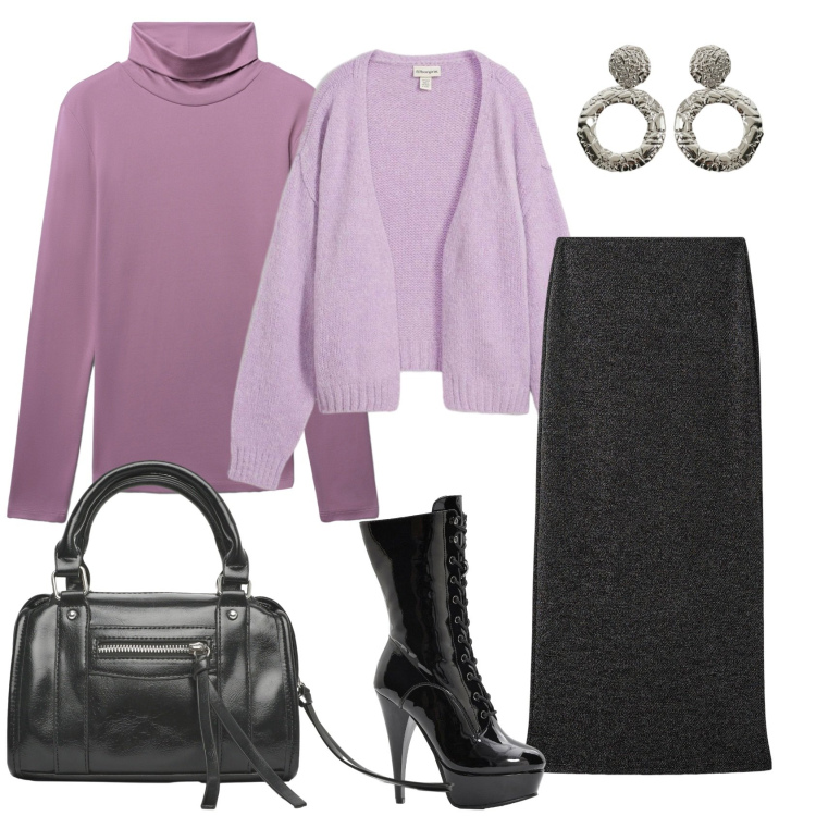 Outfit donna - Total look #2291586. Stile Chic per Ufficio. Abbinamento con stivaletti, cardigans, gonne lunghe, t-shirt, borse a mano, orecchini.