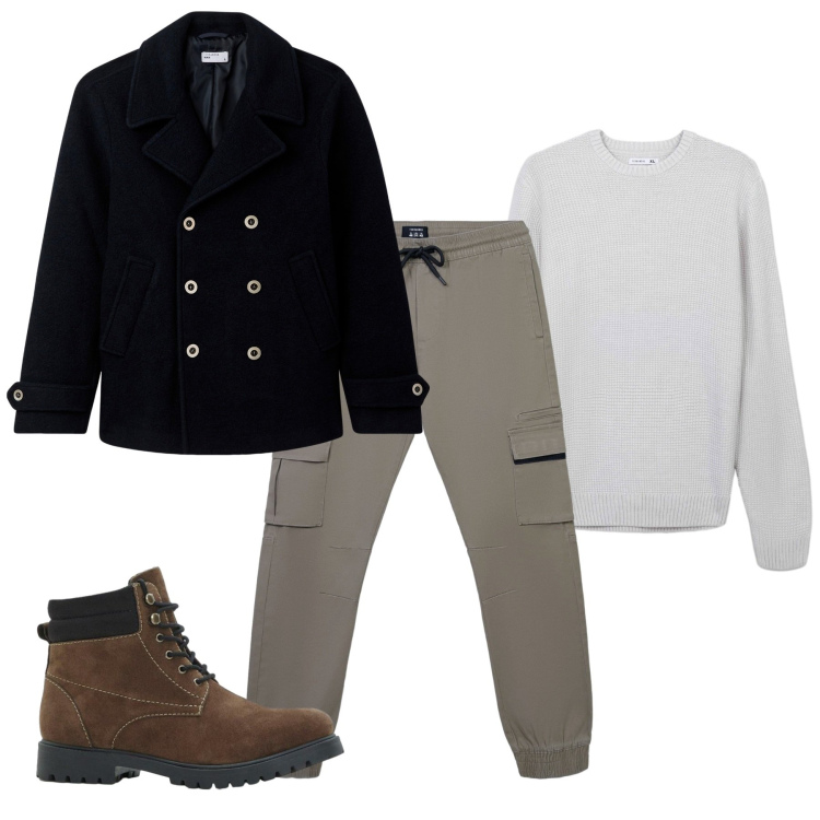 Outfit uomo - In città. Stile Casual per Tutti i giorni. Abbinamento con stivali e stivaletti, cappotti, maglieria, pantaloni cargo.