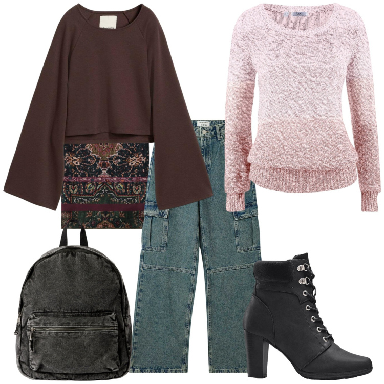 Outfit donna - Total look #2291591. Stile Casual chic per Ufficio. Abbinamento con stivaletti, maglieria, cappe, jeans, zaini, foulard.