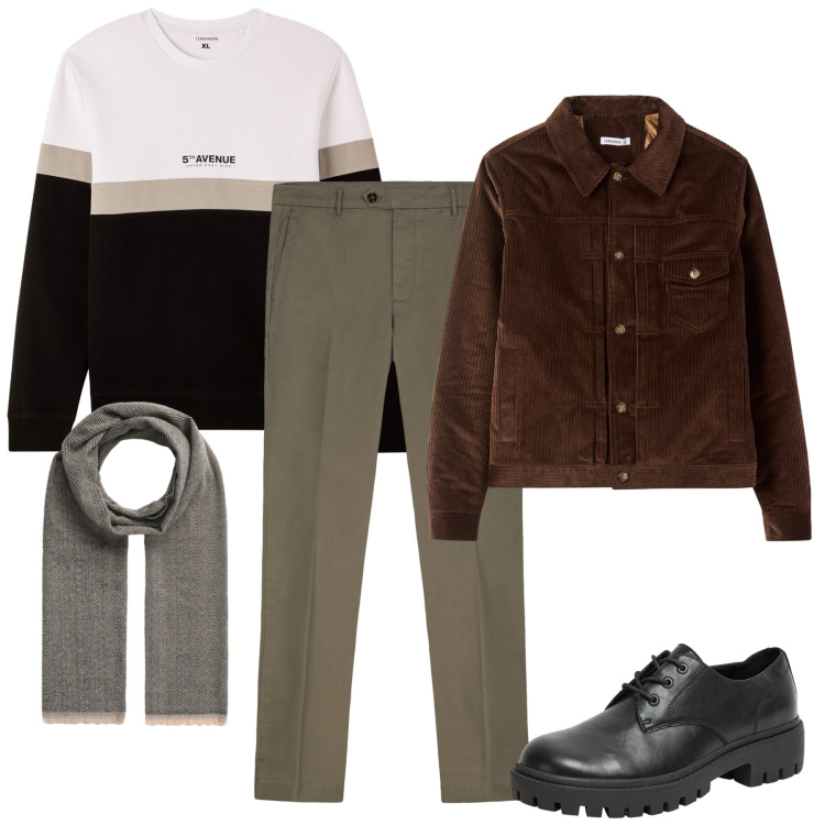 Outfit uomo - Vellutino caramello. Stile Casual per Tutti i giorni. Abbinamento con scarpe stringate, sciarpe, felpe, cappotti, pantaloni chino.