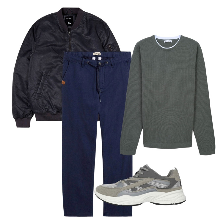 Outfit uomo - Comodo. Stile Casual per Tutti i giorni. Abbinamento con pantaloni chino, bomber, sneakers, maglieria.