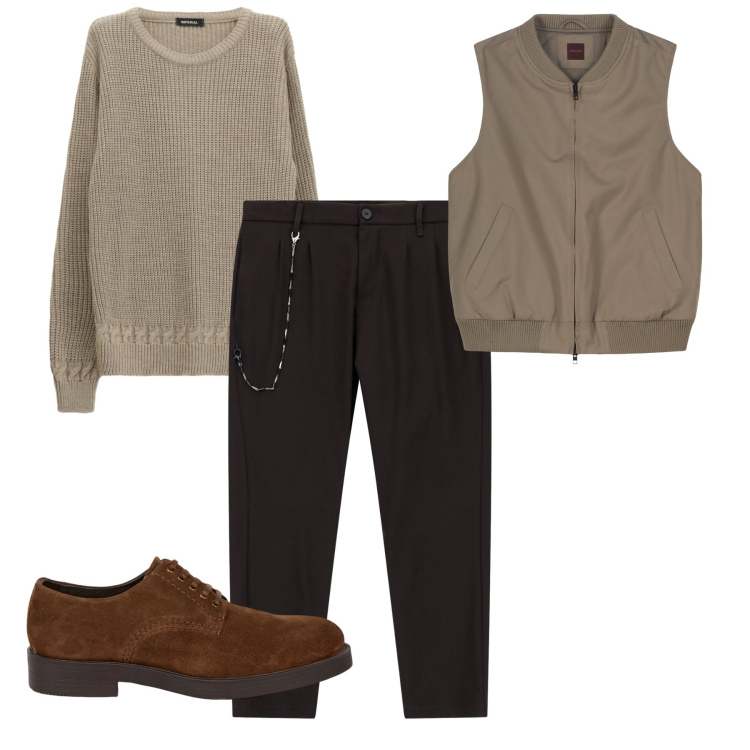Outfit uomo - Marrone. Stile Casual per Tutti i giorni. Abbinamento con pantaloni, maglieria, scarpe stringate, piumini.