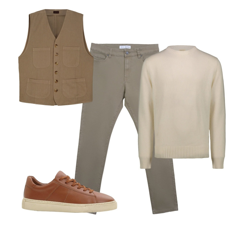 Outfit uomo - Città. Stile Casual per Tutti i giorni. Abbinamento con sneakers, pantaloni skinny, gilet, maglieria.