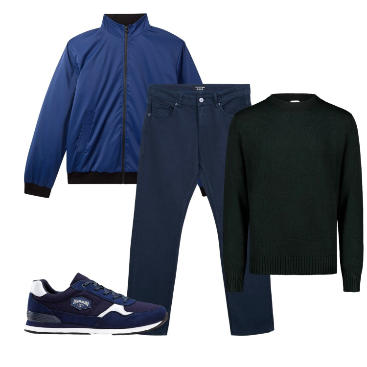 Outfit uomo - Blu. Stile Casual per Tutti i giorni. Abbinamento con sneakers, giacche, jeans dritti, maglieria.