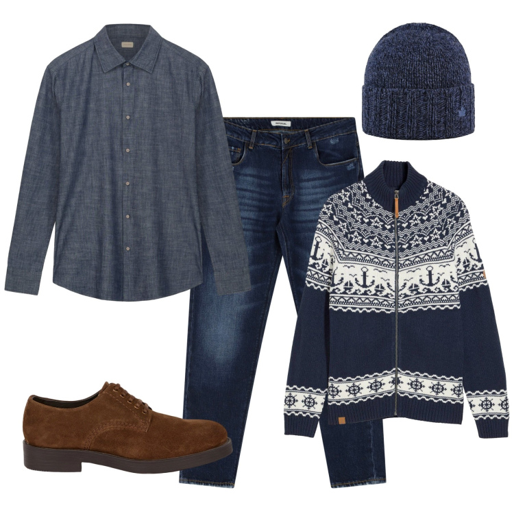 Outfit uomo - Le scarpe tabacco. Stile Casual per Tutti i giorni. Abbinamento con cardigans, jeans dritti, cappelli, scarpe stringate, camicie.