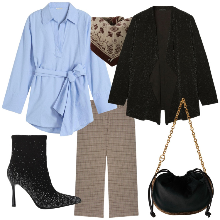 Outfit donna - Total look #2291603. Stile Casual chic per Ufficio. Abbinamento con camicie, stivaletti, borse a spalla, foulard, cardigans, pantaloni.