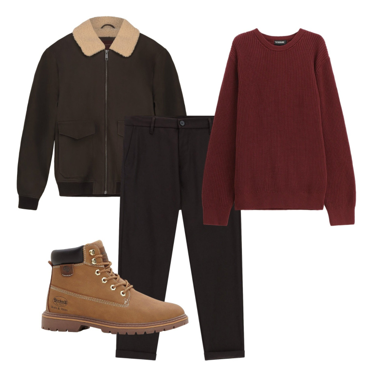 Outfit uomo - Caldo in marrone. Stile Casual per Tutti i giorni. Abbinamento con stivali e stivaletti, pantaloni, maglieria, bomber.