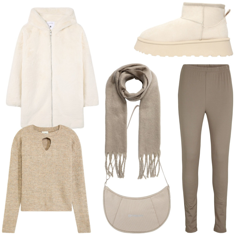 Outfit donna - Christmas outfit inspo. Stile Trendy per Tutti i giorni. Abbinamento con leggings, maglieria, cappotti, sciarpe, stivaletti, borse a spalla.