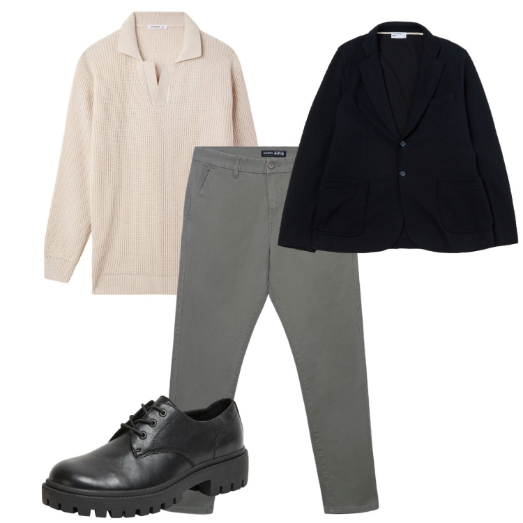 Outfit uomo - Oggi. Stile Casual per Tutti i giorni. Abbinamento con pantaloni chino, scarpe stringate, giacche, maglieria.