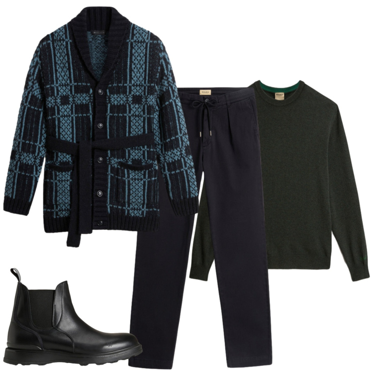 Outfit uomo - Pomeriggio informale. Stile Casual per Tutti i giorni. Abbinamento con stivali e stivaletti, pantaloni, cardigans, maglieria.