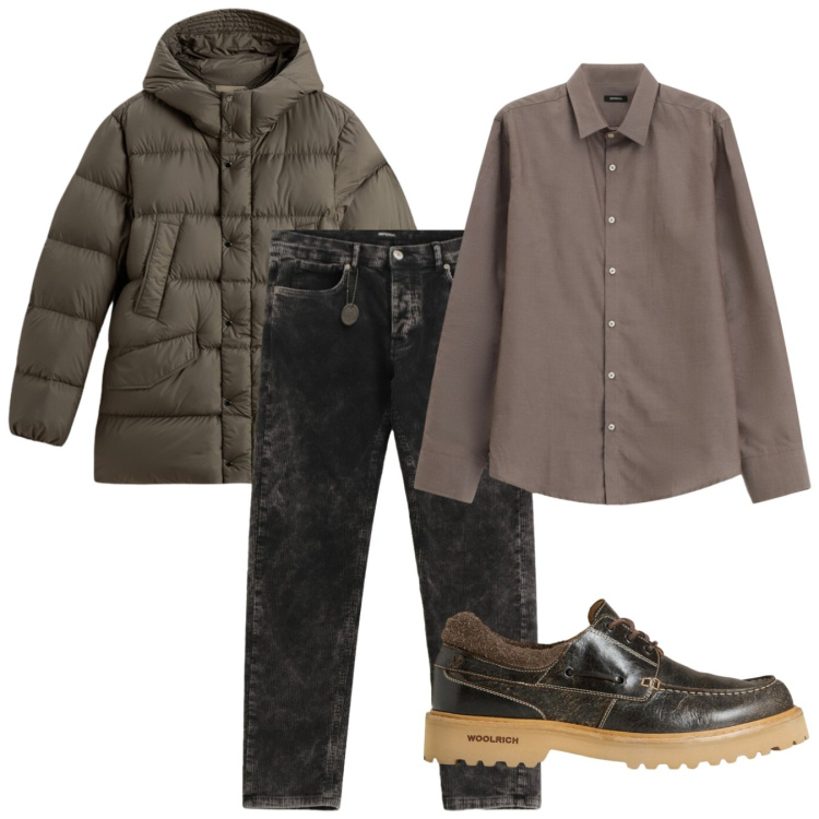 Outfit uomo - Tonalità terra. Stile Casual per Tutti i giorni. Abbinamento con camicie, pantaloni, scarpe stringate, parka.