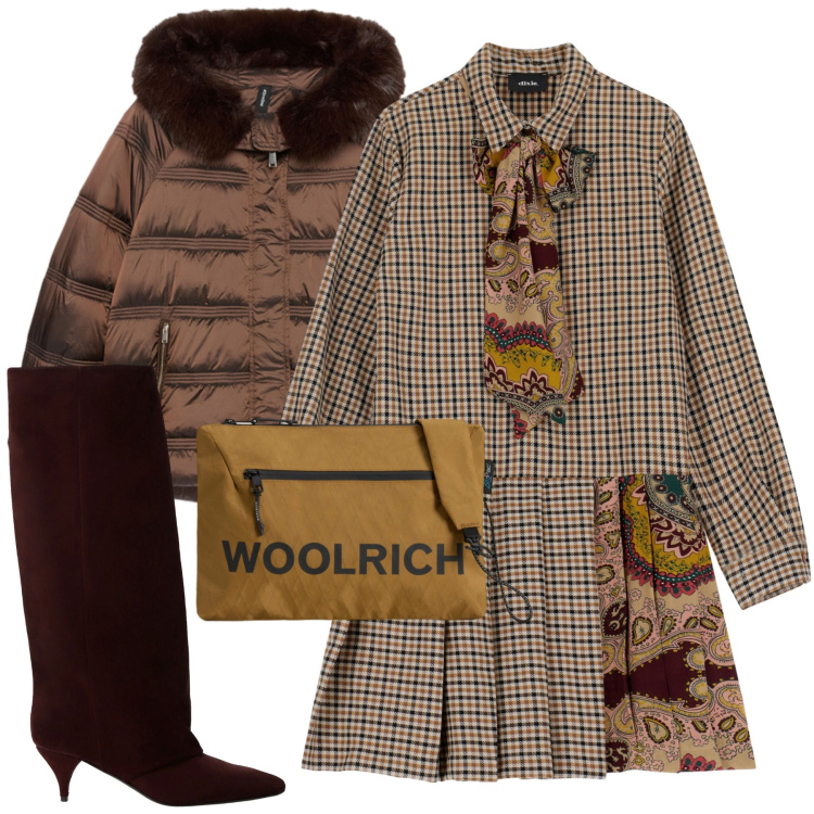 Outfit donna - Tartan fantasia. Stile Bon Ton per Tutti i giorni. Abbinamento con vestiti, stivali, borse a tracolla, piumini.