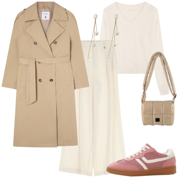 Outfit donna - Nel week end. Stile Casual chic per Tutti i giorni. Abbinamento con sneakers, trench, maglieria, orecchini, pantaloni a palazzo, borse a spalla.
