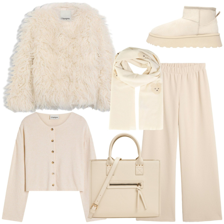 Outfit donna - Look monocromatico. Stile Trendy per Tutti i giorni. Abbinamento con pantaloni, cardigans, ecopellicce, sciarpe, shopping bag, stivaletti.