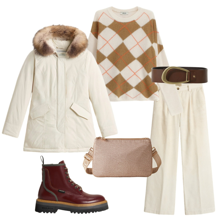 Outfit donna - Total look #2291626. Stile Urban per Tutti i giorni. Abbinamento con borse a tracolla, maglieria, cinture, pantaloni, anfibi, parka.