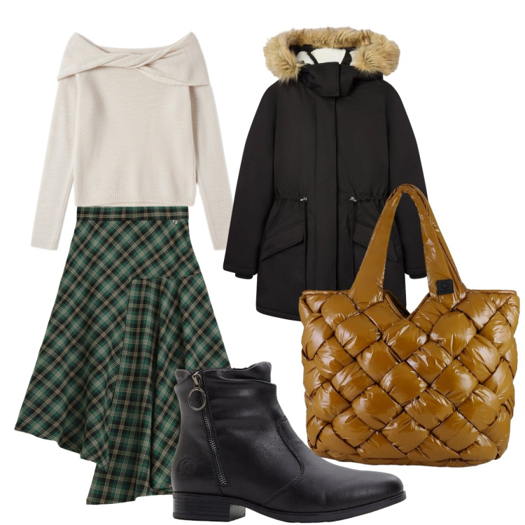 Outfit donna - Total look #2291627. Stile Preppy per Tutti i giorni. Abbinamento con stivaletti, parka, maglieria, gonne longuette, borse tote.