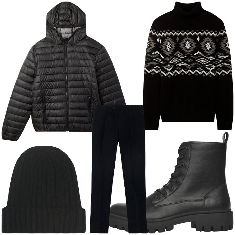 Outfit uomo - La prima neve. Stile Casual per Tutti i giorni. Abbinamento con maglieria, anfibi, piumini, pantaloni, berretti.