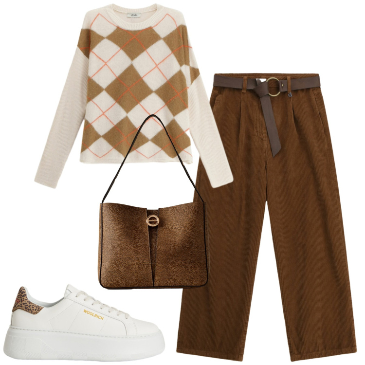 Outfit donna - Novembre. Stile Casual chic per Tutti i giorni. Abbinamento con borse a secchiello, pantaloni a palazzo, maglieria, sneakers.
