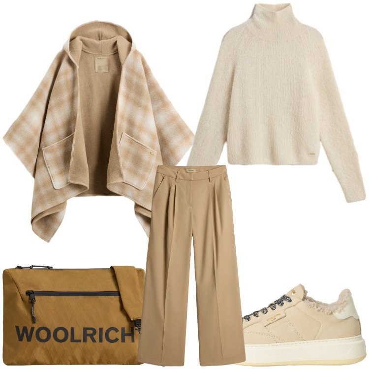 Outfit donna - Dinamica. Stile Sporty chic per Tutti i giorni. Abbinamento con maglieria, borse a tracolla, sneakers, pantaloni, cappe.