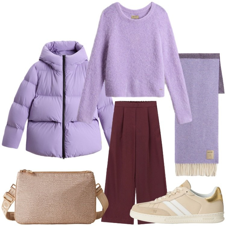 Outfit donna - Viola a novembre. Stile Sporty chic per Tutti i giorni. Abbinamento con borse a tracolla, pantaloni a palazzo, sneakers, maglieria, sciarpe, piumini.