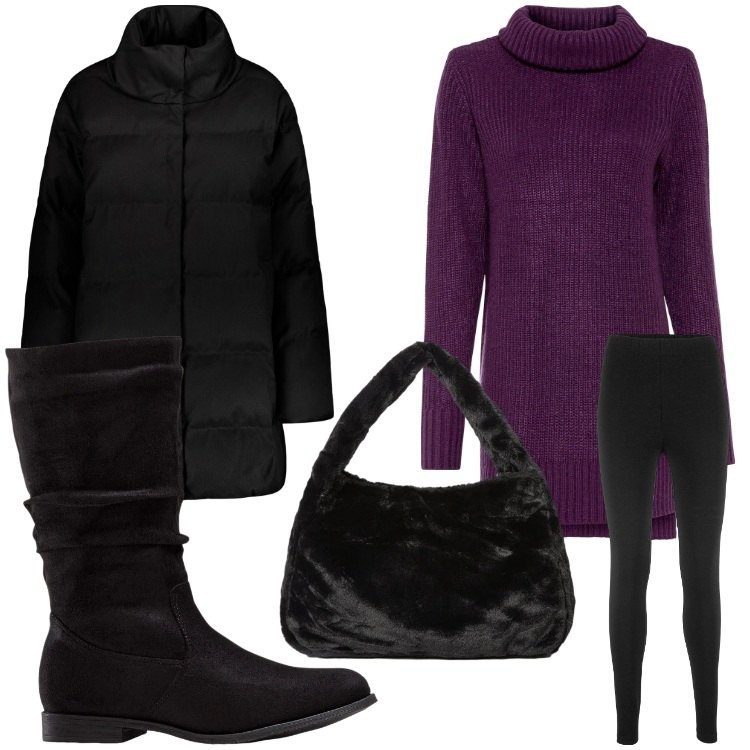 Outfit donna - Purple me. Stile Casual per Tutti i giorni. Abbinamento con maglieria, leggings, stivali, piumini, borse a spalla.