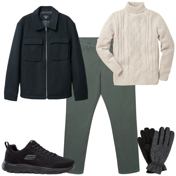 Outfit uomo - Novembre. Stile Casual per Tutti i giorni. Abbinamento con maglieria, sneakers, pantaloni chino, cappotti, guanti.