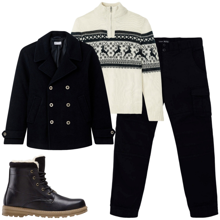 Outfit uomo - Novembre. Stile Casual per Tutti i giorni. Abbinamento con stivali e stivaletti, maglieria, cappotti, pantaloni cargo.