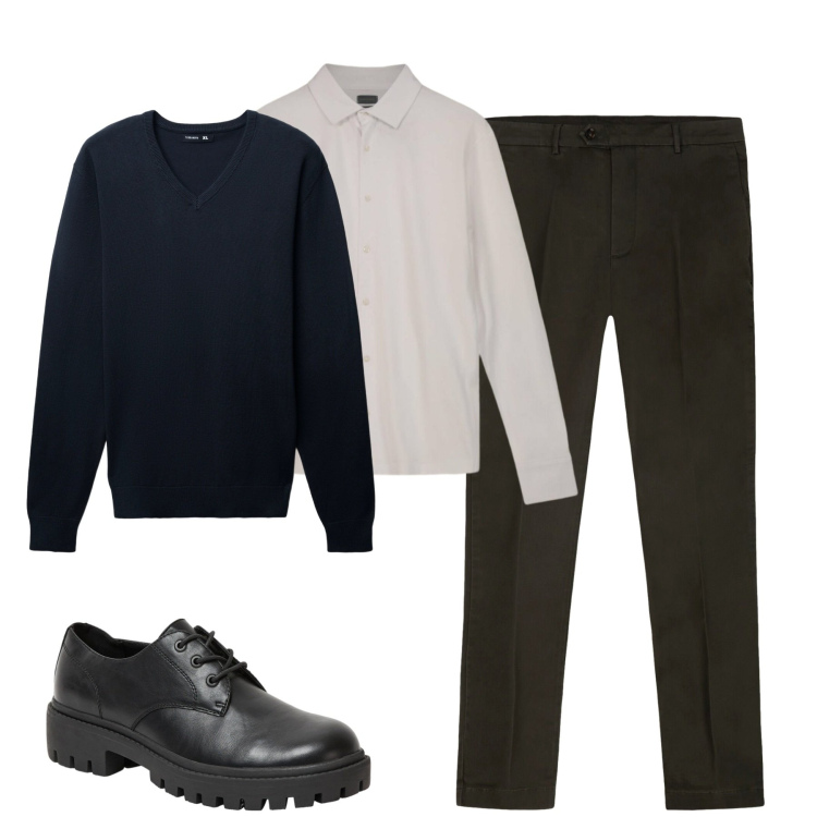 Outfit uomo - City. Stile Urban per Tutti i giorni. Abbinamento con scarpe stringate, maglieria, pantaloni chino, polo.