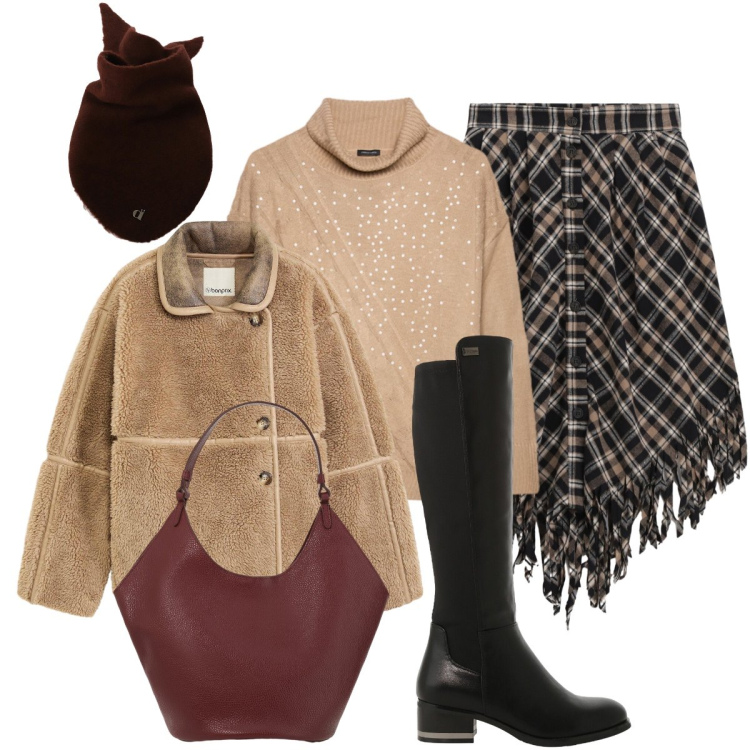 Outfit donna - La gonna con le frange. Stile Casual chic per Tutti i giorni. Abbinamento con blazer, stivali sopra il ginocchio, gonne longuette, foulard, borse a spalla, maglieria.