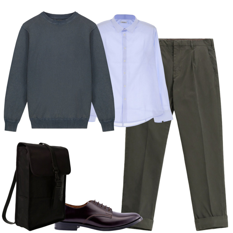 Outfit uomo - Total look #2291650. Stile Business/Elegante per Ufficio. Abbinamento con camicie, borse sportive, pantaloni chino, scarpe stringate, maglieria.