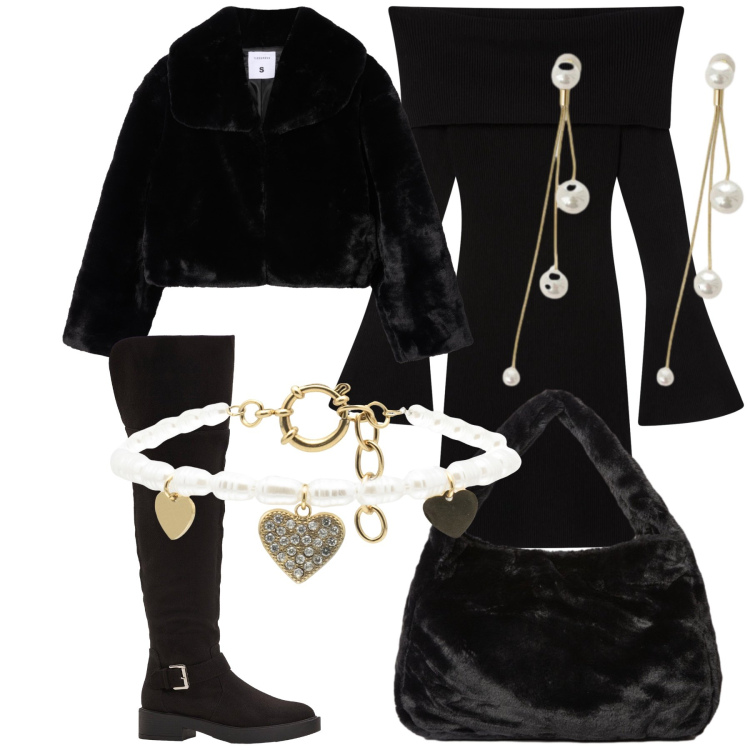 Outfit donna - La borsa in pelo per giorno e sera. Stile Chic per Serata fuori. Abbinamento con stivali sopra il ginocchio, vestiti corti, ecopellicce, orecchini, braccialetti, borse a spalla.