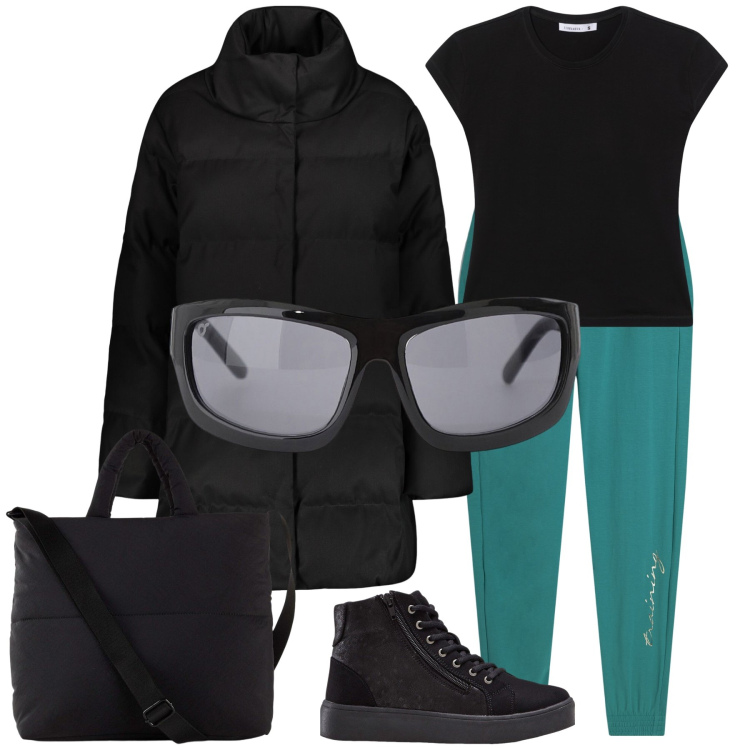 Outfit donna - Sole ma freddo. Stile Basic per Tutti i giorni. Abbinamento con sneakers alte, shopping bag, t-shirt, occhiali da sole, pantaloni, piumini.