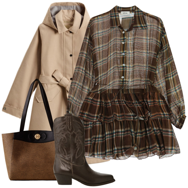 Outfit donna - Chic con le rouches. Stile Chic per Tutti i giorni. Abbinamento con shopping bag, vestiti corti, stivali, trench.