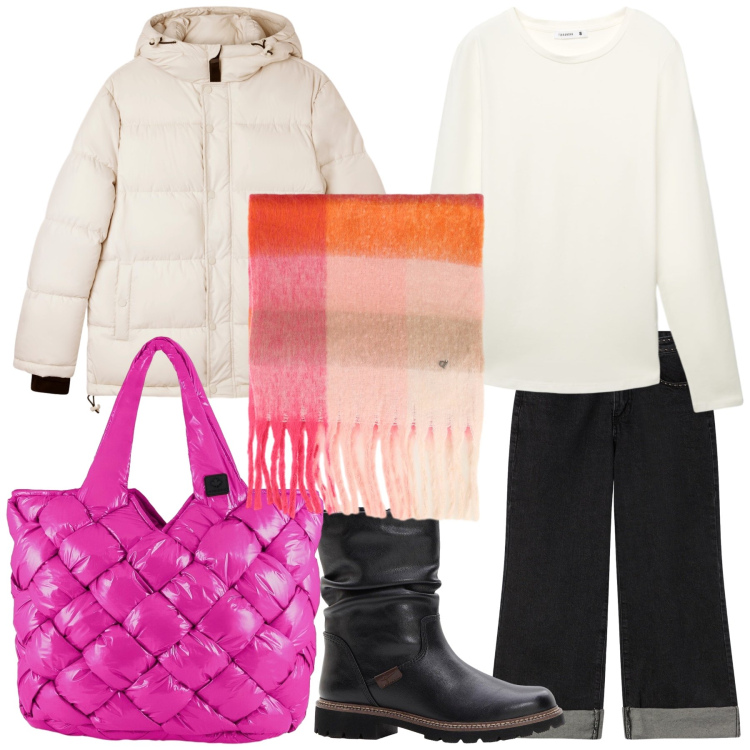 Outfit donna - Total look. Stile Trendy per Tutti i giorni. Abbinamento con stivali, jeans dritti, t-shirt, bomber, sciarpe, borse tote.