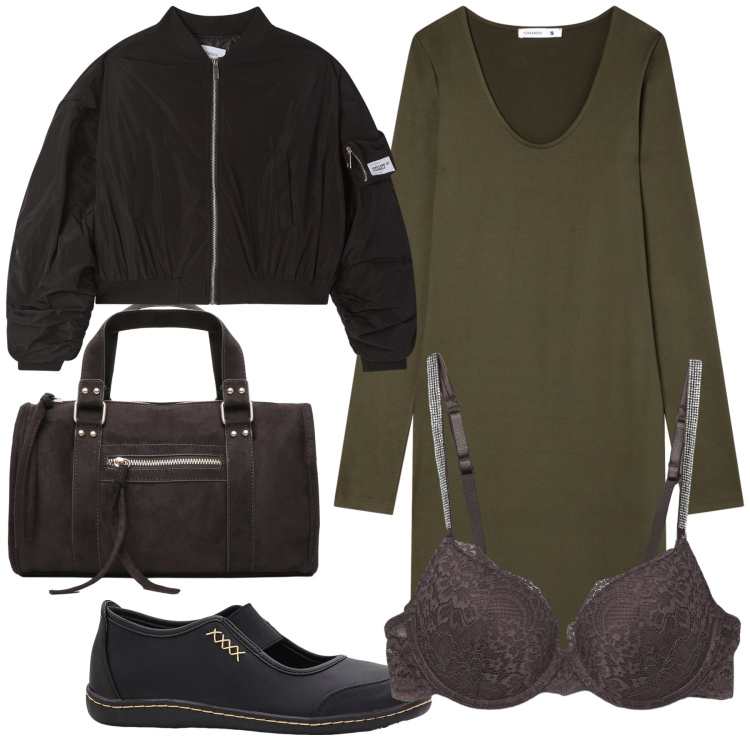 Outfit donna - Un bel reggiseno. Stile Basic per Tutti i giorni. Abbinamento con ballerine, reggiseni a balconcino, vestiti, bomber, borse a mano.