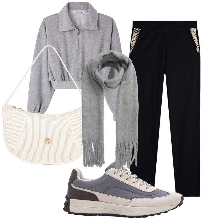 Outfit donna - Una breve passeggiata. Stile Casual per Tutti i giorni. Abbinamento con sneakers, sciarpe, felpe, pantaloni, borse a mano.