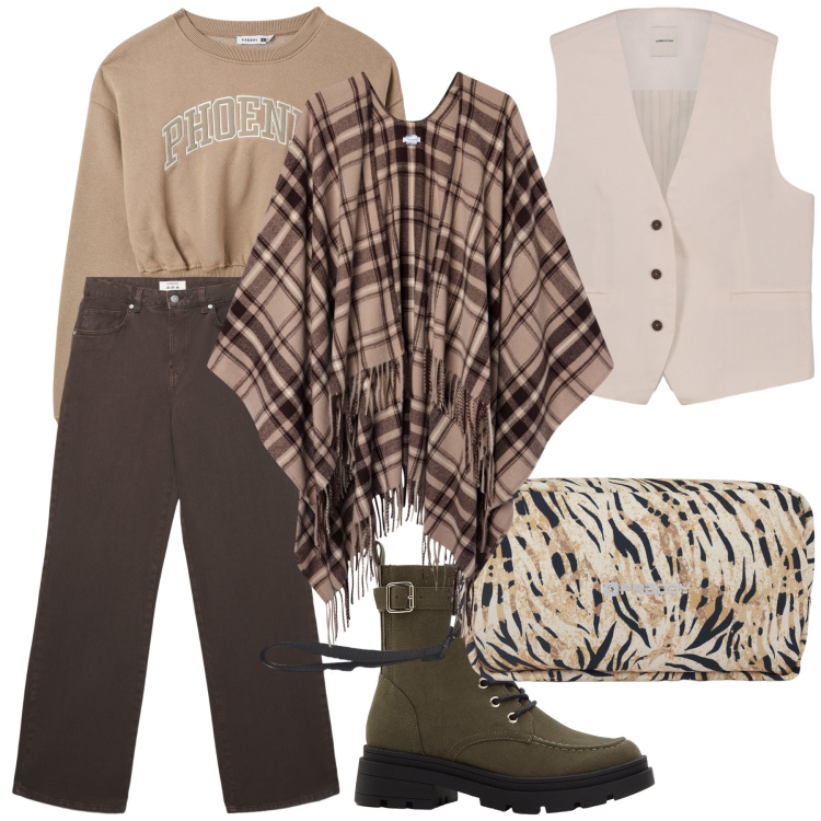 Outfit donna - Stratificata. Stile Trendy per Tutti i giorni. Abbinamento con stivaletti, jeans, felpe, cappotti, valigie, gilet.