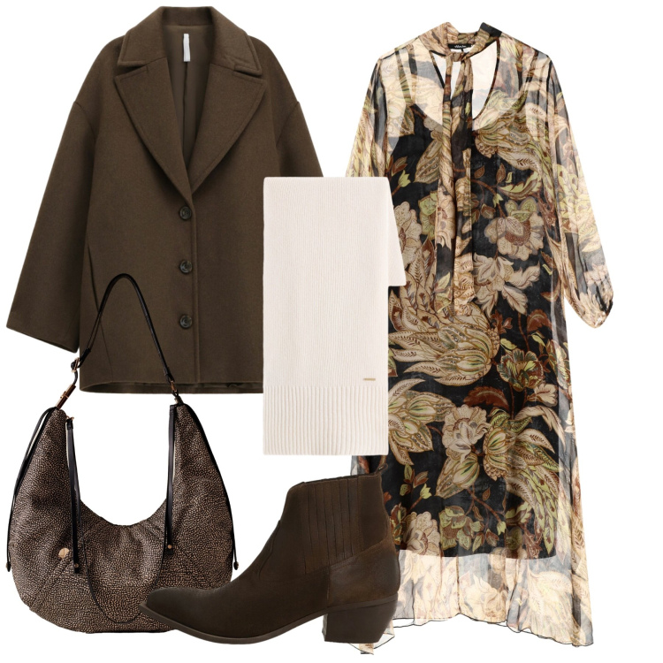 Outfit donna - Caffè e poi cena. Stile Chic per Serata fuori. Abbinamento con cappotti, vestiti lunghi, borse a spalla, stivaletti, sciarpe.